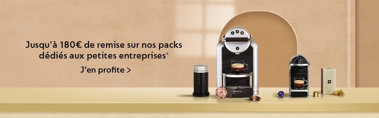 Jusqu’à 180 euros de remise sur les packs pour petites entreprises – Visuel d'ambiance de machines à café, de capsules et d'accessoires.