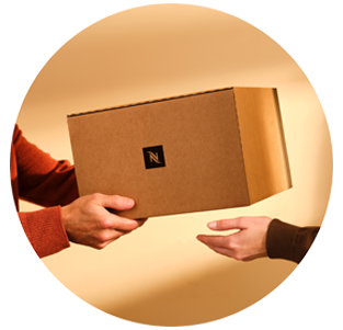 Woman receiving a Nespresso delivery box in a brown circle